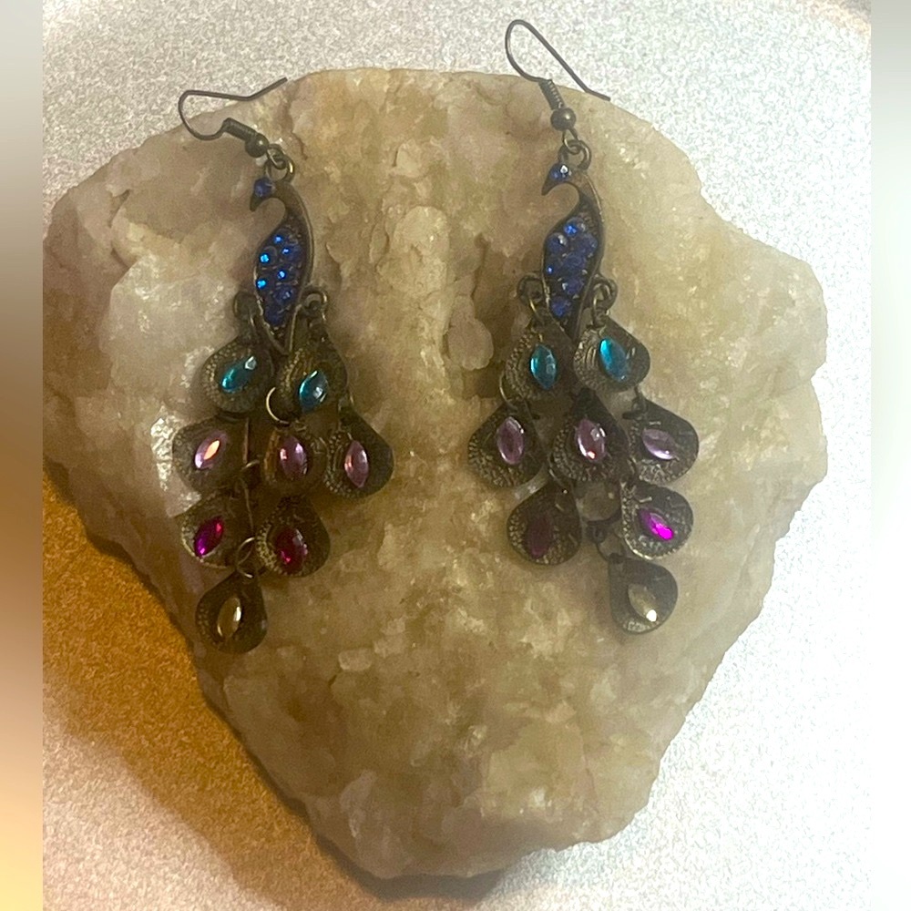 Vintage Inspired Bronze Boho Chic Colorful Gemstone Peacock Earrings~ New